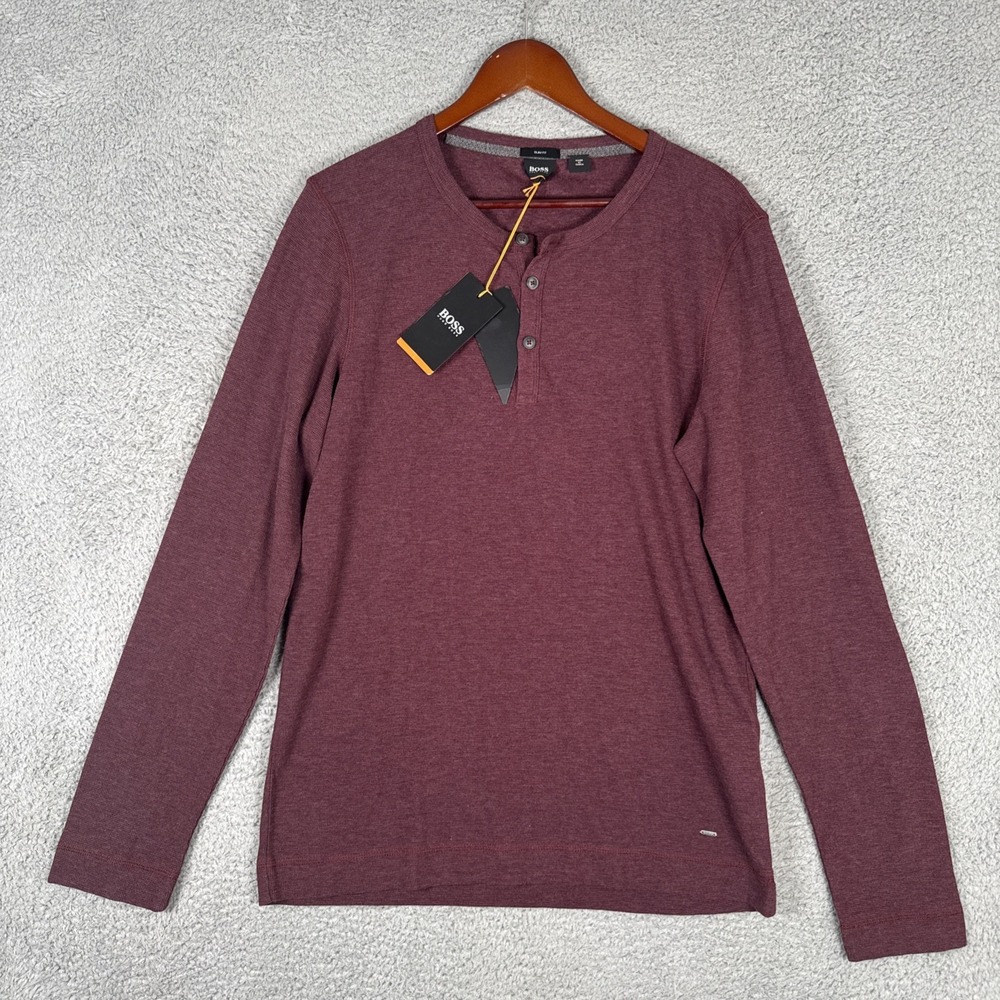 Hugo Boss Henley Shirt Men's XL Red Micro Waffle Slim Fit Long Sleeve